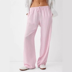 Women's Striped Pants Casual Elastic Drawstring Waist Wide Leg Trousers with Pockets - 1 of 4