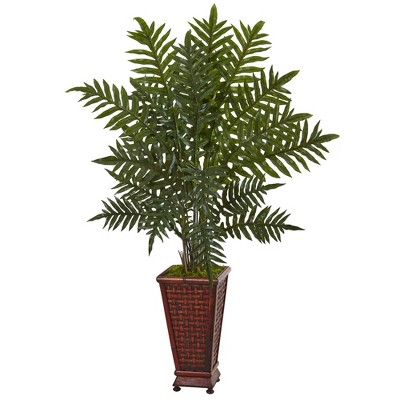 4ft Artificial Evergreen Plant in Round Wood Planter Brown - Nearly Natural