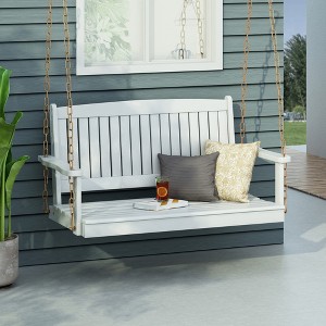 Outdoor Patio Acacia Wood Porch Swing Bench with Classic Slatted Design, 800 lb Capacity, 8-Foot Hanging Chains - 1 of 4