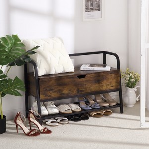 33" Wooden Shoe Storage Bench – Flip Top Box & Industrial Metal Frame Rack for Entryway, Closet & Hallway - 1 of 4