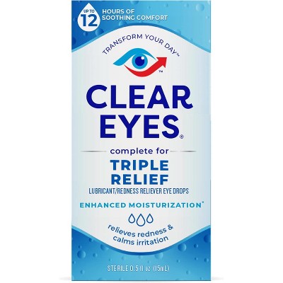 Clear Eyes Triple Action Relief Eye Drops, 0.5 oz – Redness Reliever, Lubricant & Moisturizer for Dry, Irritated Eyes