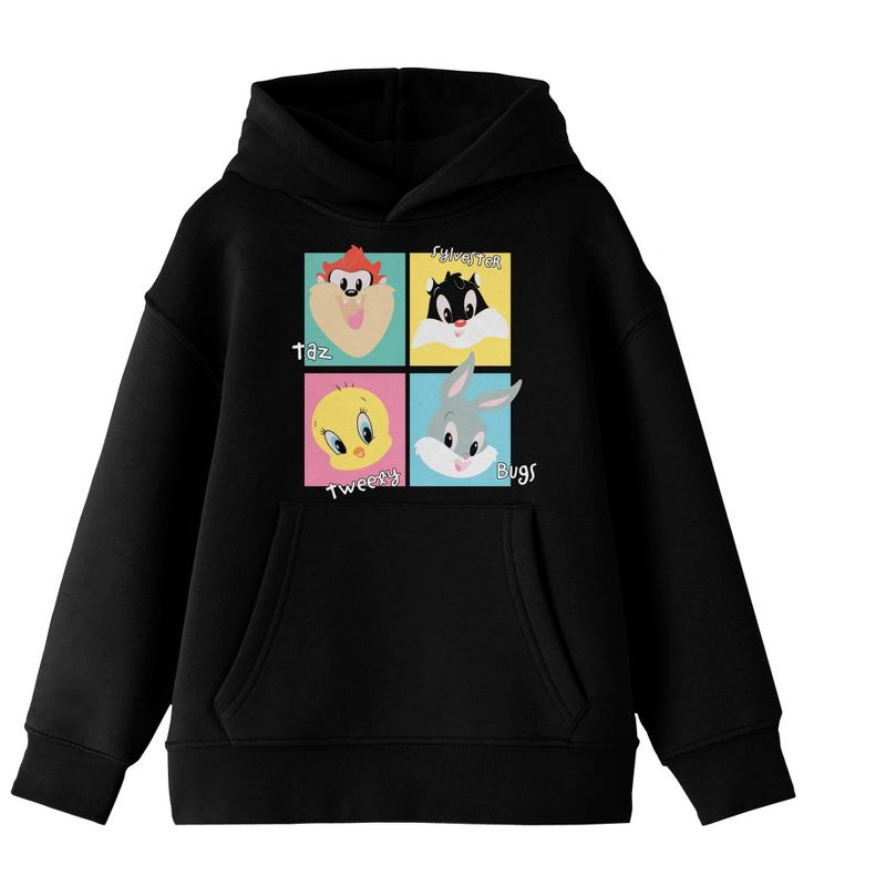 Youth Boys Looney Tunes Chibi Characters Color Block Black Hooded Sweatshirt, 1 of 3