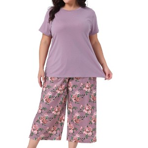 Women's Plus Size Knit Short Sleeve Two-Piece Pajama Set with Elastic Waist Pants - Agnes Orinda - 1 of 4