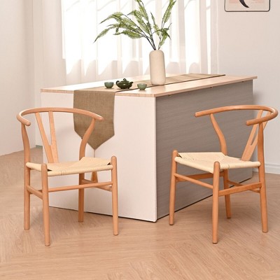 2Pcs Wood Dining Room Chairs, Stylish Y Back Dining Arm Chair With Woven Seat Cushion, Beach House Furniture, Natural