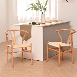 2Pcs Wood Dining Room Chairs, Stylish Y Back Dining Arm Chair With Woven Seat Cushion, Beach House Furniture, Natural - 1 of 4