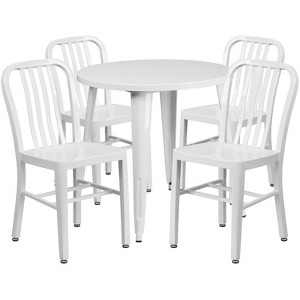 Emma and Oliver Commercial Grade 30" Round Metal Indoor-Outdoor Table Set & 4 Slat Back Chairs - 1 of 4
