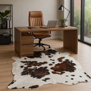 Home Mart Goods Tri-Color Cowhide Brown Black White Handmade Soft Large Cow Hide Cow Skin Leather Animal Area Rug - 6' x 7' Feet - 1 of 4