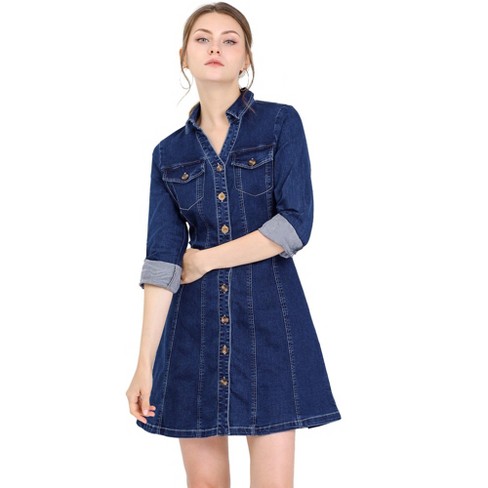 Allegra K Women's Button Down Collar V Neck Long Sleeve A-line Denim Dress  Deep Blue Small