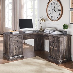 SinCiDo 60" L-Shaped Desk,Farmhouse Computer Desk with Charging Station,Filing Cabinet Storage, Drawer,Study Writing Desk - 1 of 4