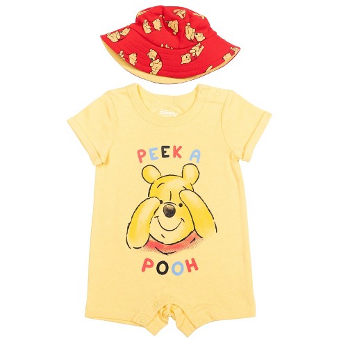 Disney Winnie the Pooh Newborn Baby Boys Romper and Bucket Sun Hat Yellow Newborn