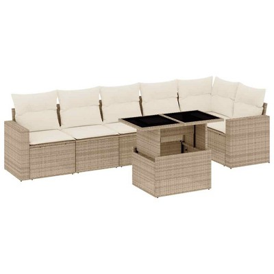 vidaXL 7 Piece Patio Sofa Set with Cushions - Beige and Cream Poly Rattan