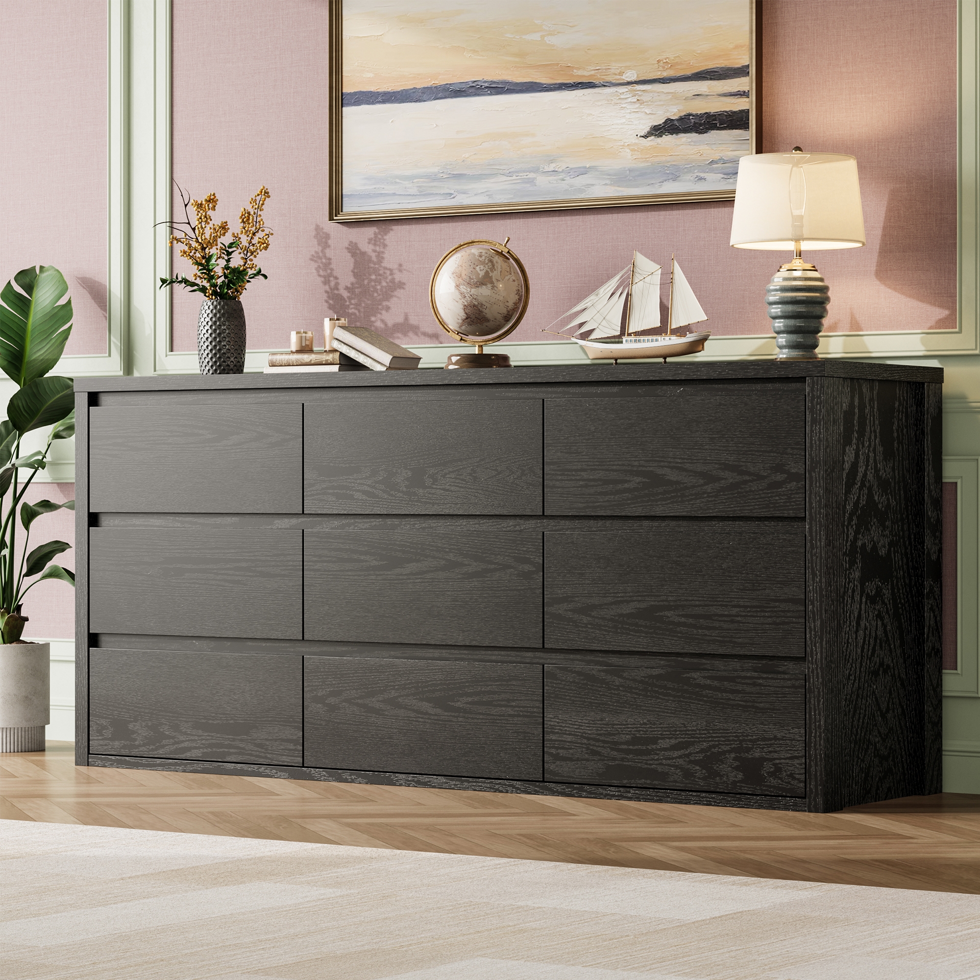 9 Drawer Dresser for Bedroom, Wide Modern Chest of Drawers, Large Wood Dresser Wooden Storage Organizer for Living Room, Hallway,Black