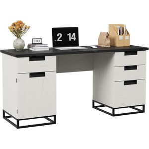 59" Farmhouse Executive Desk, Home Office Desk with File Drawer and Storage Cabinet, Wooden Computer Table with 3 Drawers - 1 of 4
