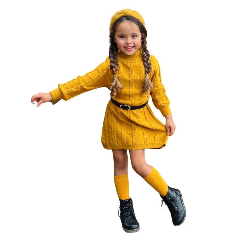 Girls Marigold Glam Cable Knit Belted Sweater Dress - Mia Belle Girls, 1 of 4