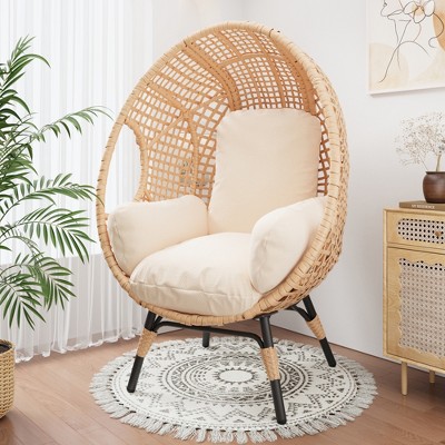 FURNIinspire Patio Accent Chairs Grid Style Wicker Weaving Patio Egg Chair With Natural Color Rattan And Beige Cushion, Brown, 34“*37"*54"