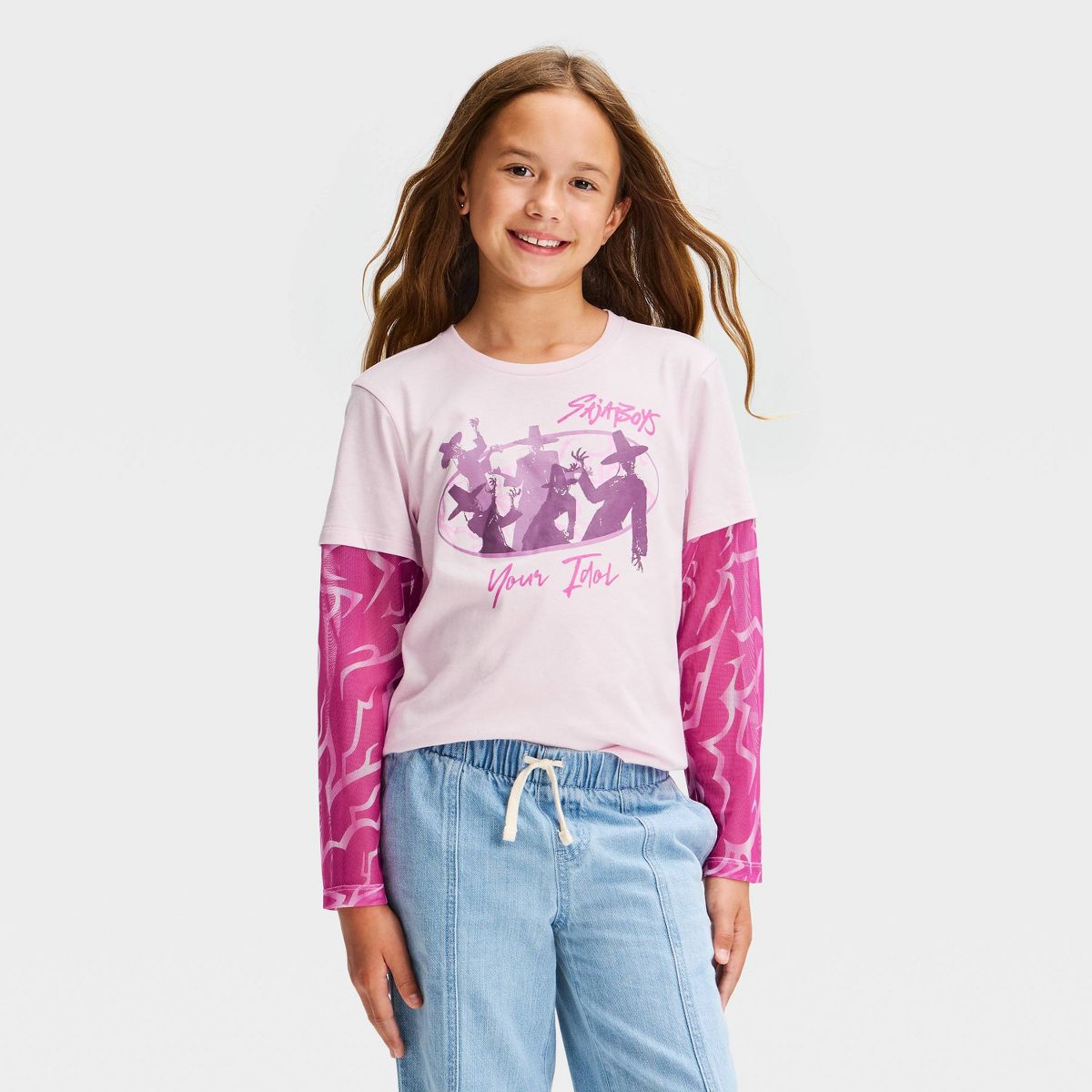 Girls' KPop Demon Hunters "Saja Boys" 2-Fer Long Sleeve Graphic T-Shirt with Mesh - Pink