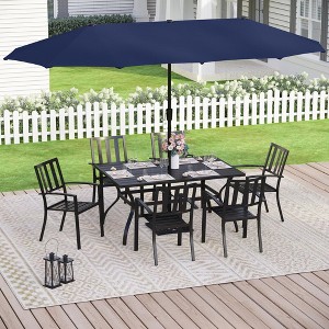 Captiva Designs 8pc Patio Slat-top Rectangle Steel Table & Metal Stackable Chairs & 13ft Large Umbrella - 1 of 4