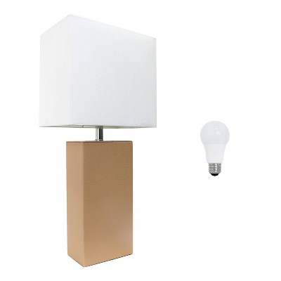Beige Leather Wrapped Table Lamp with White Fabric Shade and LED Bulb