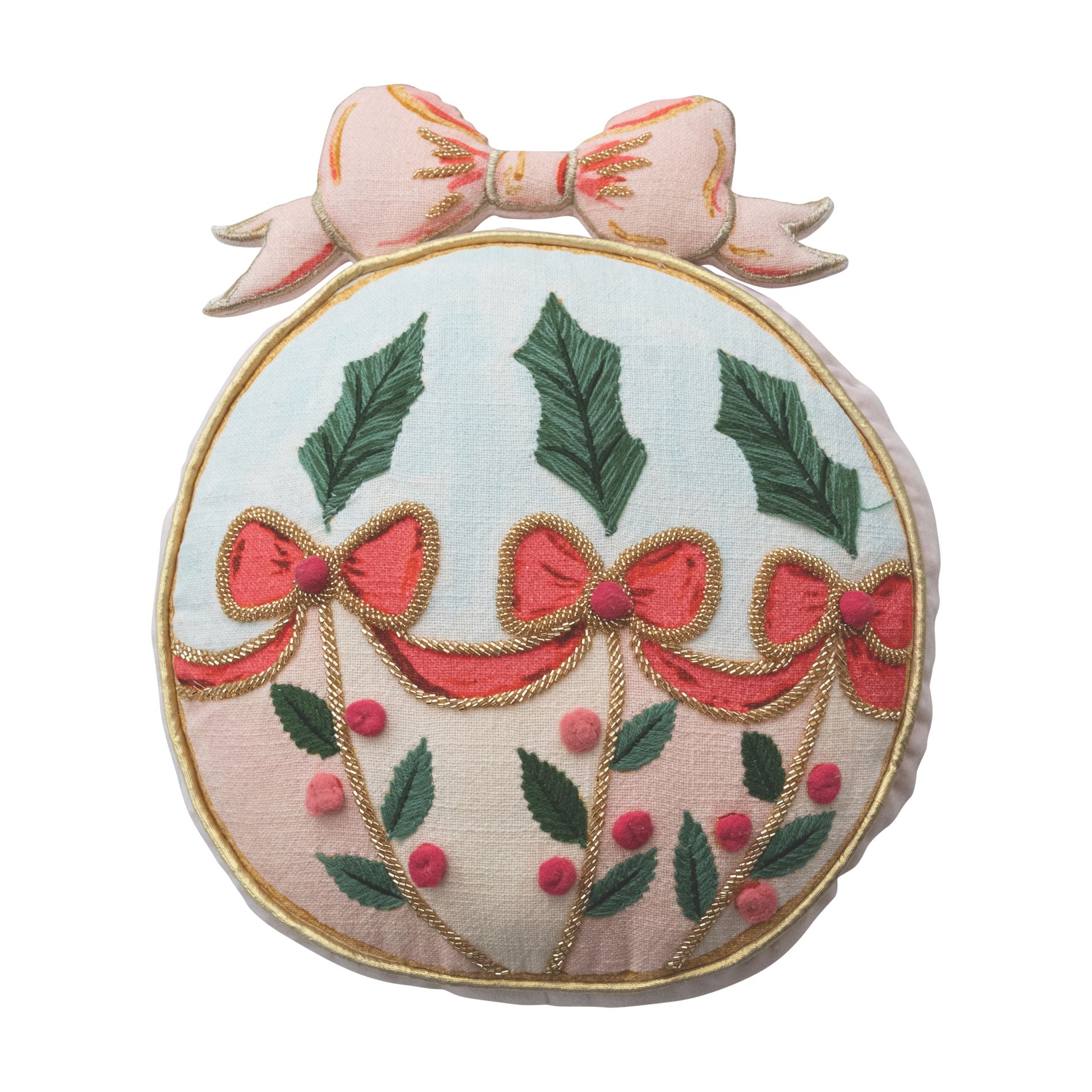 Storied Home Slub Printed Ornament Shaped Pillow with Embroidery, Pom Poms, Holly, Bows, Beads, and Velvet Back, Multicolor