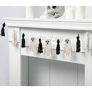 Halloween Ghost Tassel Garland, Black White Ghosts Macrame Banner Decor, Hanging Boho Ghost Decoration - 1 of 3