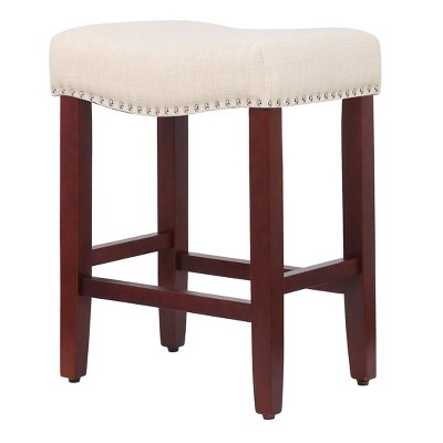 24" Cherry and Beige Upholstered Saddle Seat Counter Stool