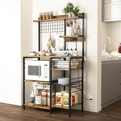 CIPACHO Vintage Brown Industrial Bakers Rack 6 Tier Microwave Stand with Power Outlet Coffee Bar 8 S Hooks Wire Basket