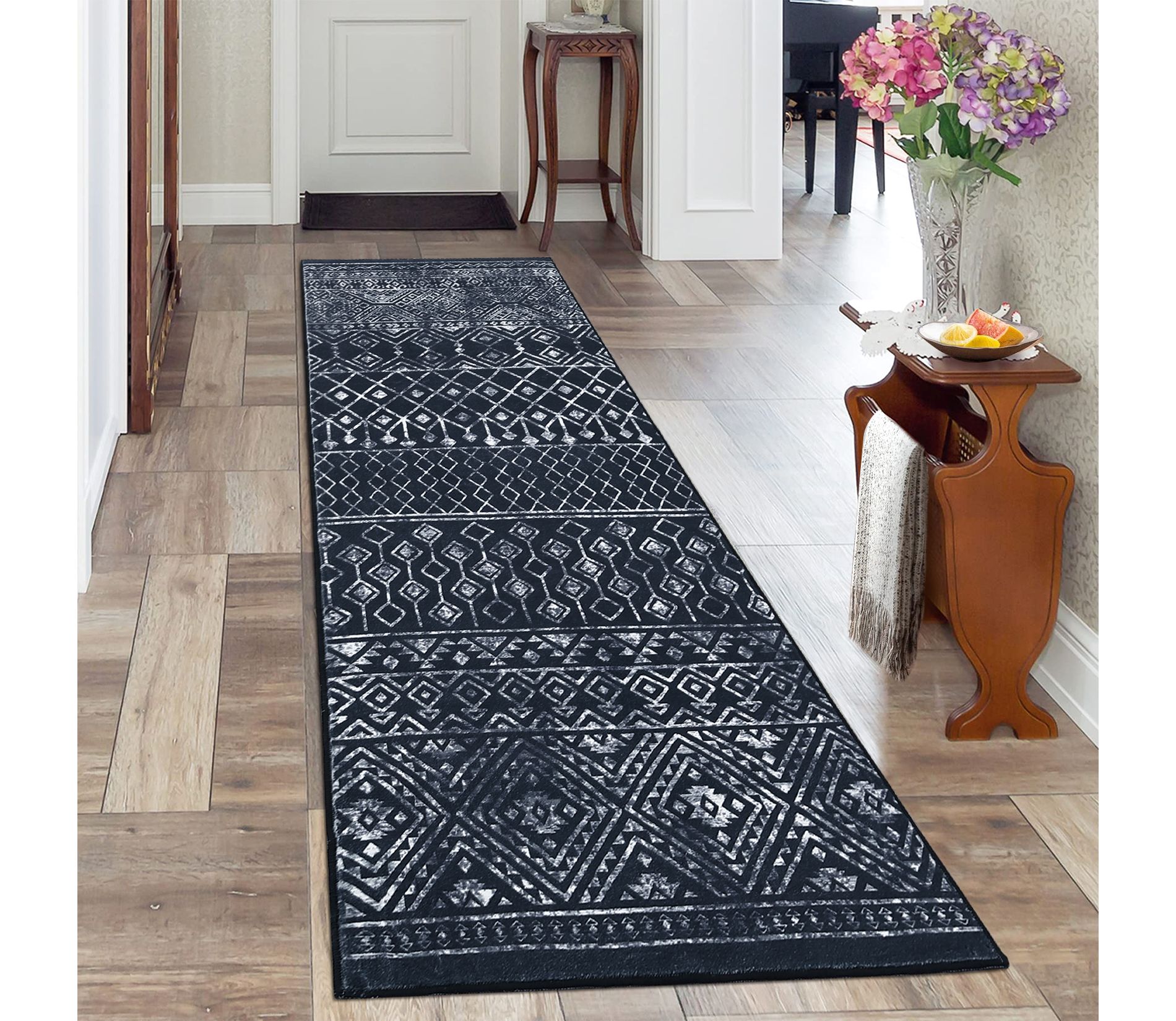 Washable Farmhouse Living Room Bedroom Rugs, Low Pile Geometric Print Dining Room Carpet, Non Slip Stain Resistant Mat for Office