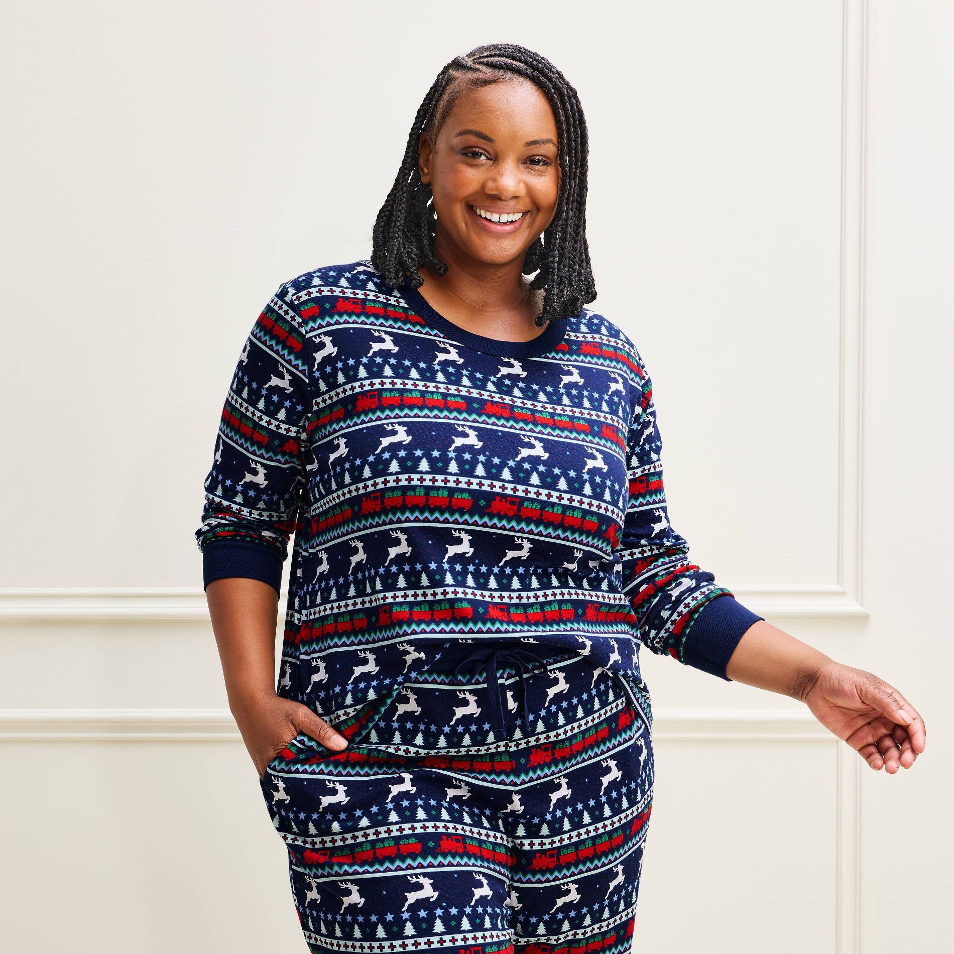 Women's Holiday Reindeer Fair Isle Matching Family Cotton Pajama Top - Wondershop™ Navy Blue