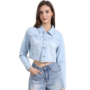 Allegra K Women's Turn Down Frayed Button Down Washed Cropped Denim Jacket - 1 of 4
