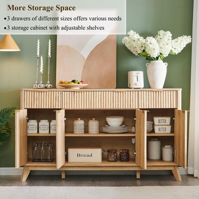Sincido 60" Buffet Sideboard Cabinet with 4 Doors, Fluted Coffee Bar Table with 3 Drawers, Modern Sideboard for Dining Room, Living Room, Natural Oak — фото 2