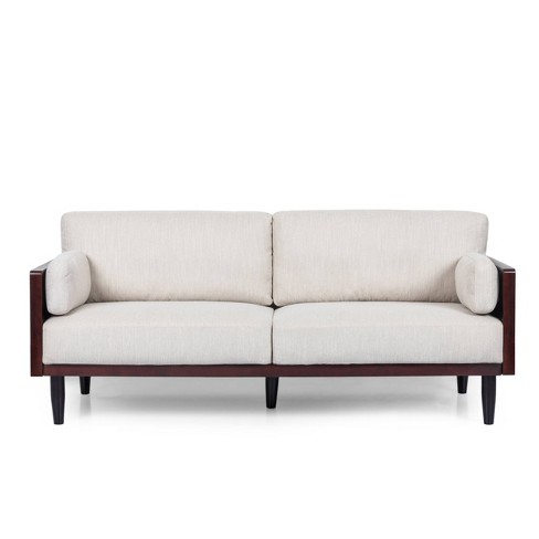 Fairburn Contemporary Pillow Back 3 Seater Sofa Beige/Espresso -  Christopher Knight Home