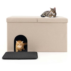 Costway Cat Litter Box Enclosure Hidden Furniture Cat Washroom Shoe Storage Bench Beige/Grey - 1 of 4