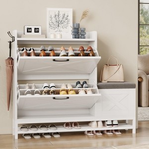 GustoWave Shoe Cabinet with 2 Flip-Drawers & Storage Bench, Farmhouse Wood Freestanding Shoe Rack with 2 Hooks & Bottom Shelf for Entryway - 1 of 4