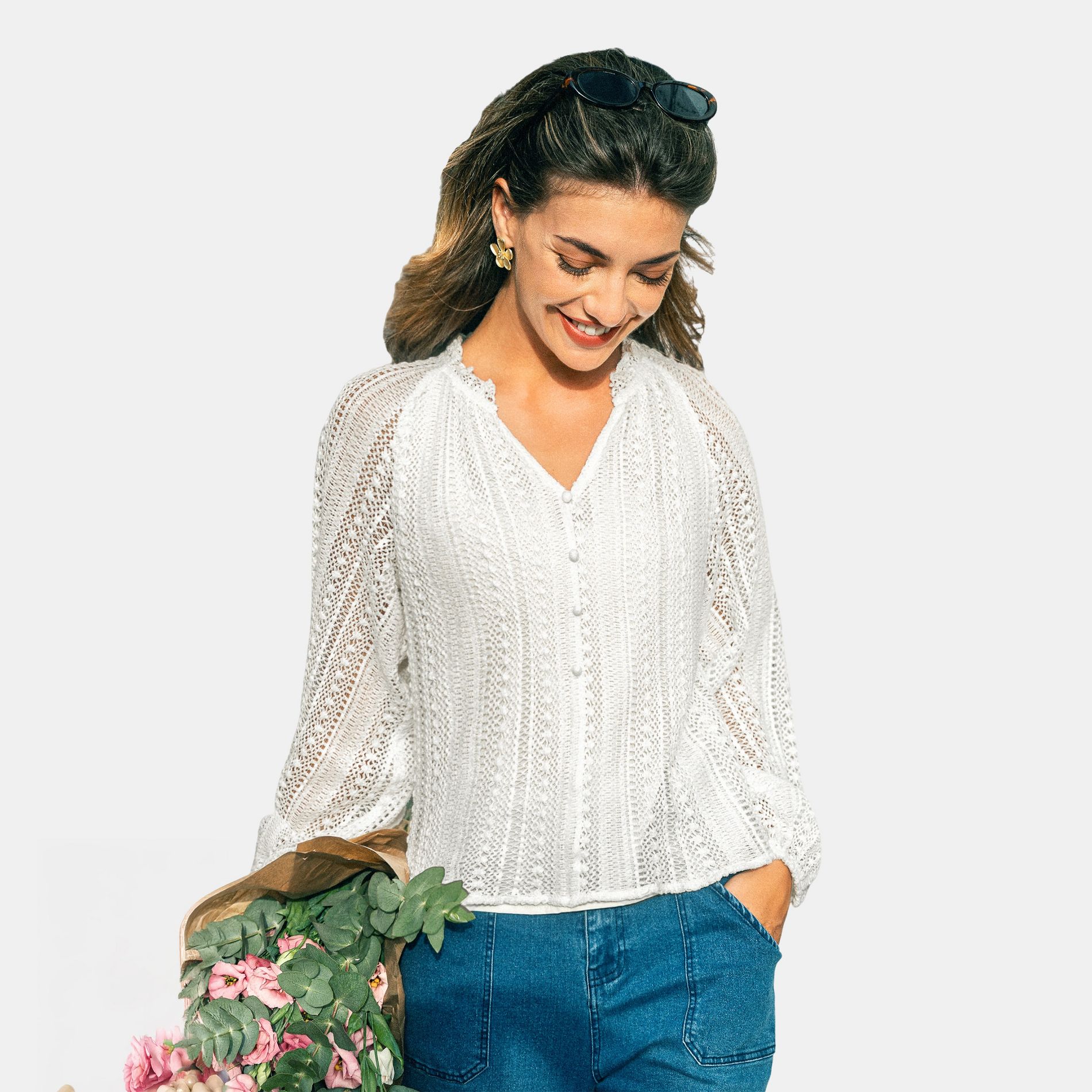 Women's Elegant Crochet Lace V-Neck Blouse - Cupshe-S-White