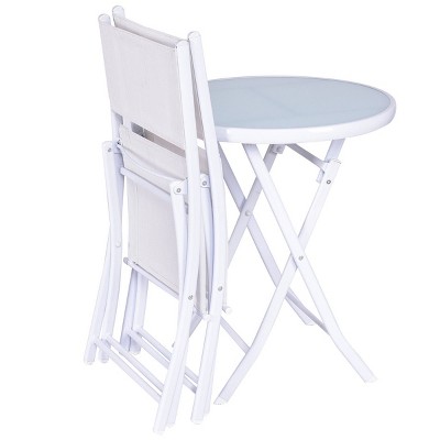 White Metal Folding Bistro Set with Glass Table Top