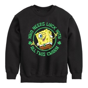 Boys' - SpongeBob Squarepants - Who Needs Luck With This Charm Graphic Long Sleeve Fleece Sweatshirt - 1 of 4