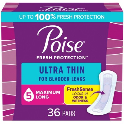 Poise Ultra Thin Incontinence Pads for Women - Maximum Absorbency - 5 Drop - Long - 36ct