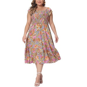 Agnes Orinda Women's Plus Size Square Neck Flutter Sleeve Smocked High Waist Floral Midi A Line Dresses - 1 of 4