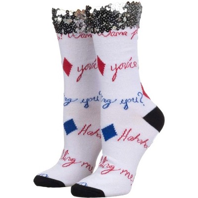 DC Comics Harley Quinn Sequin Cuff Crew Socks for Women