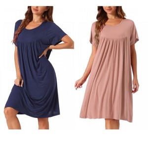 cheibear Women's Cotton Chest Pleat Design Loose Short Sleeve Cozy Nightgowns 2 Pcs - 1 of 4