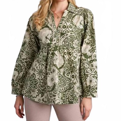 Women's Mixed Print Babydoll V-Notched Top - umgee