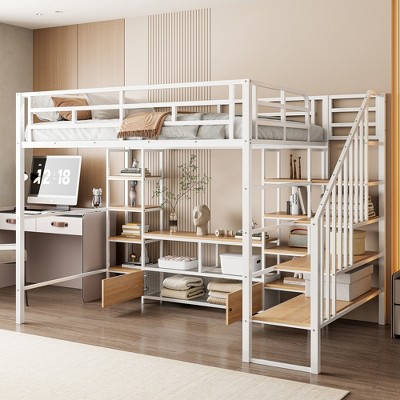 Whisen Full Size Metal Loft Bed with Staircase, Low Storage Table and Storage Shelves