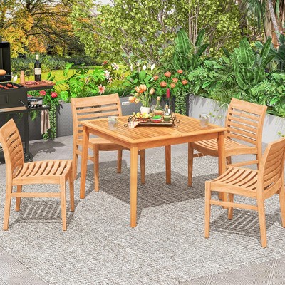 Natural Acacia Wood Square Outdoor Dining Table with Umbrella Hole
