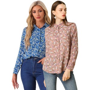 INSPIRE CHIC Women's Point Collar Long Button Sleeve Button Down Floral Shirt 2 Packs - 1 of 4