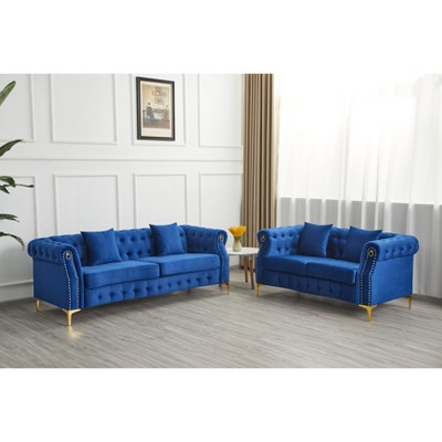 Hybition 2 Piece Velvet Chesterfield Button-Tufted Sofa Sets for Living Room