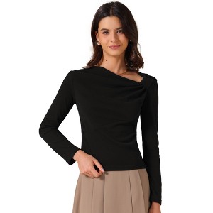 INSPIRE CHIC Women's Asymmetric Neck Knot Long Sleeve Casual Fitted Ruched Top - 1 of 4