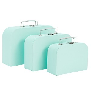 Okuna Outpost Set of 3 Different Sizes of Paperboard Suitcases with Metal Handles, Decorative Cardboard Storage Boxes, Mint - 1 of 4