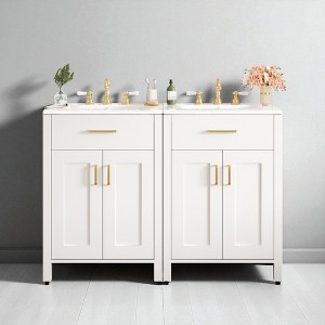 48" Freestanding Double Bathroom Vanity with Dual Ceramic Sinks, Solid Wood Cabinet with 4 Soft-Close Doors, No Faucet - 1 of 4
