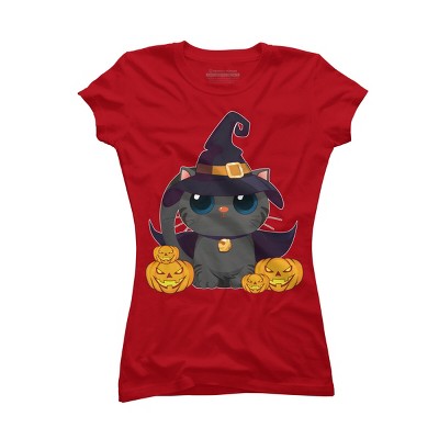 Junior's Design By Humans Black Cat With Jack O Lantern Halloween Shirt By thebeardstudio T-Shirt