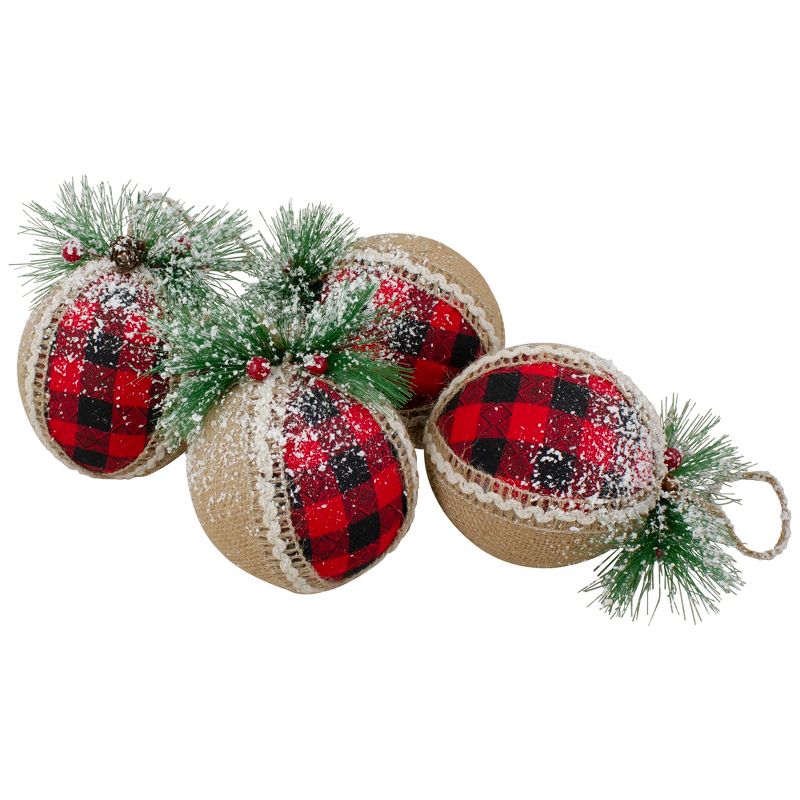 Northlight Set of 4 Red and Black Plaid with Burlap Christmas Ball Ornaments 6" (152mm), 2 of 4